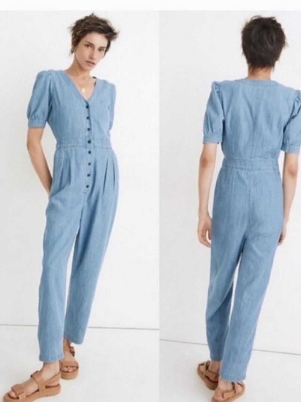 Madewell Denim Puff-Sleeve Button-Front Jumpsuit Straight Leg Sz 0